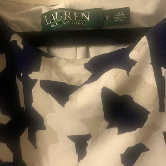 Ralph Lauren Navy & Cream (Size 16) Bateau Sheath Patterned Ruched Office Dress - Picture 2 of 16